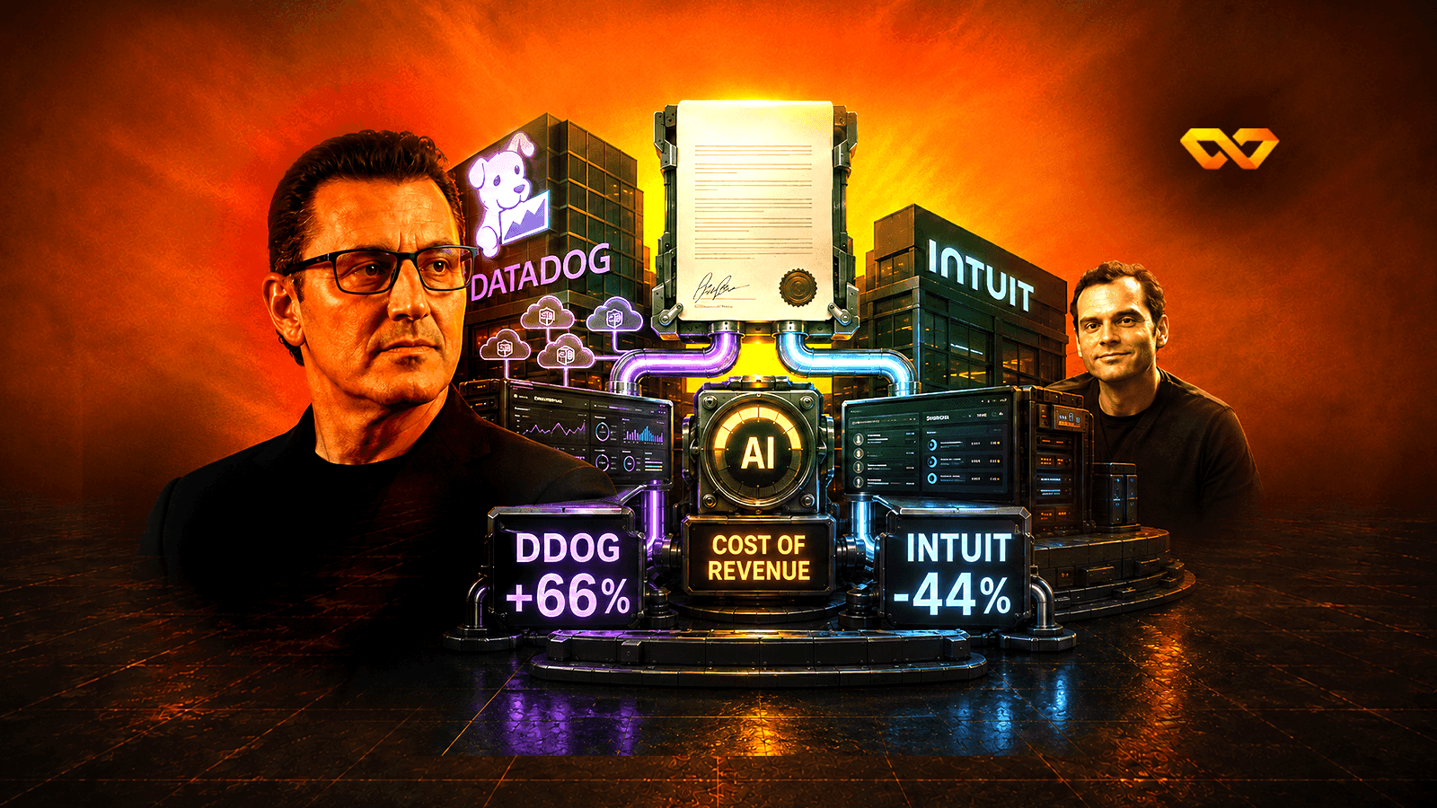 Datadog ⁦+66%⁩ وIntuit ⁦−44%⁩ في عامٍ واحد: لماذا لا يأكل الذكاء الاصطناعي البرمجيات كلها؟ دليل الصناعة من أول سطر