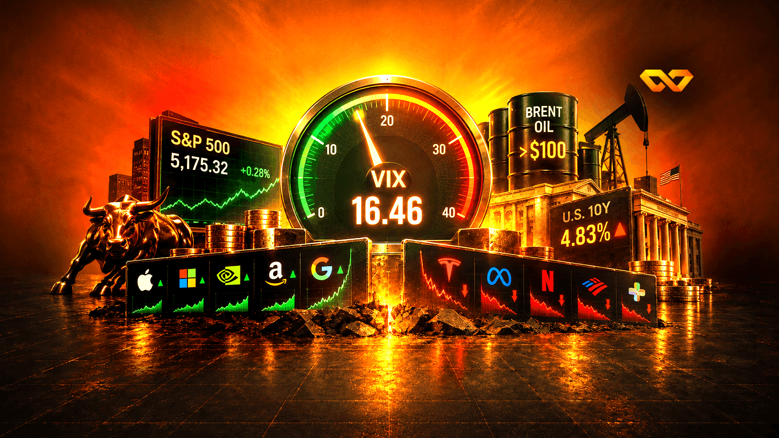 VIX at 16 and oil above 100 dollars: not complacency — the market pays twice the index's actual movement, while its largest stocks move in opposite directions