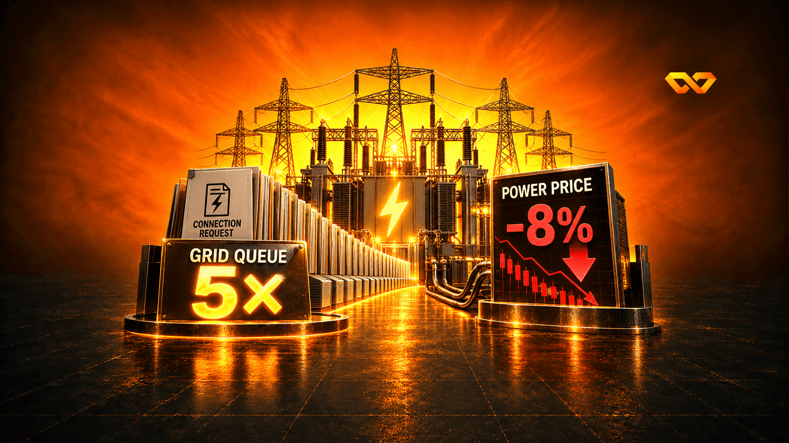 The queue demands five times the grid and power prices fall 8%: which number tells the truth?