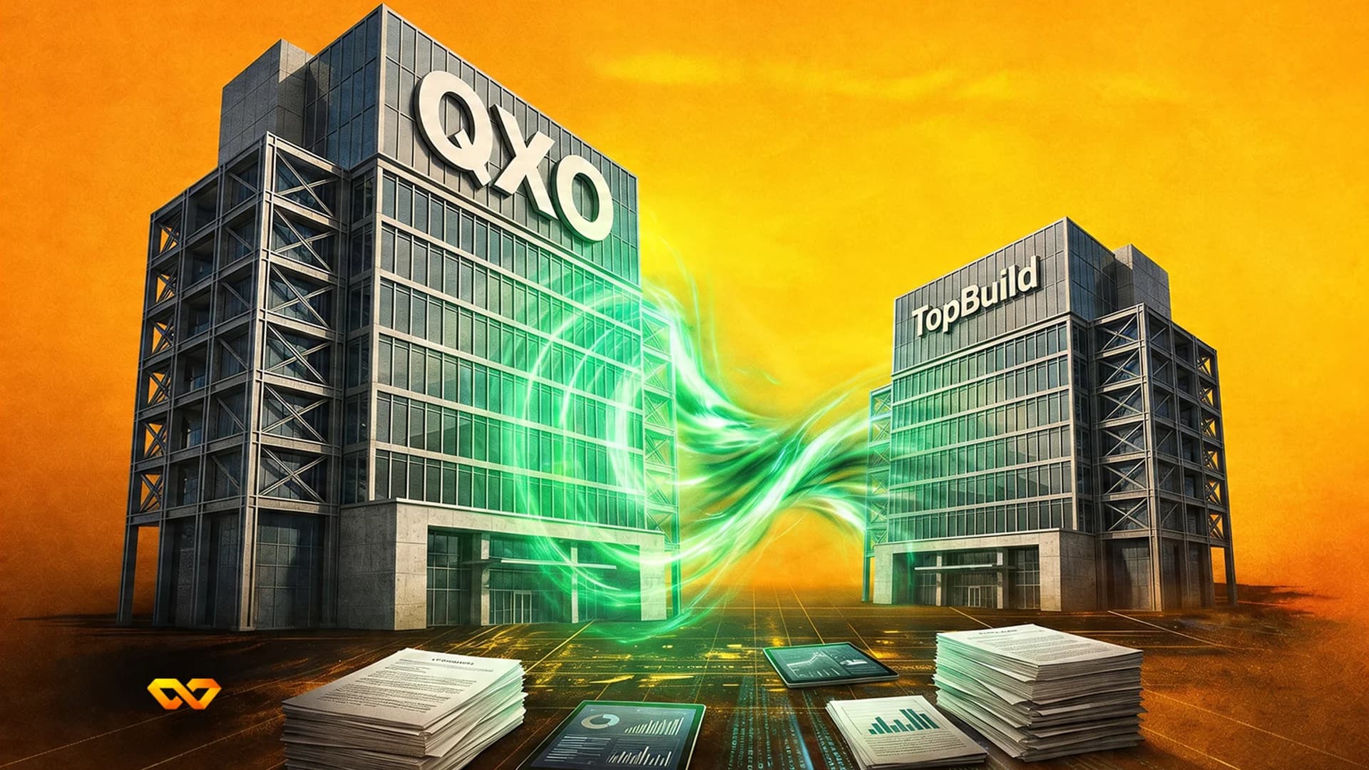 Two office buildings, 'QXO' and 'TopBuild', connected by green data streams. Documents and tablets with charts are visible.