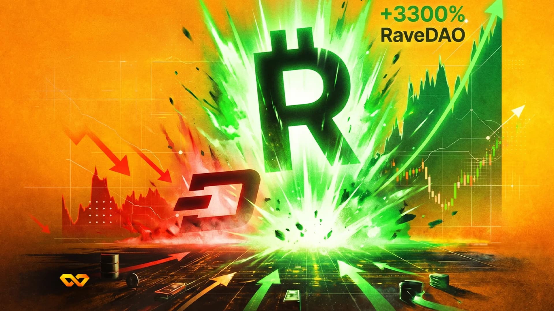 A vibrant digital illustration showing a green glowing 'R' crypto symbol exploding upwards, contrasting with a red Dash crypto logo and downward trends. Green candlestick charts and upward arrows are 