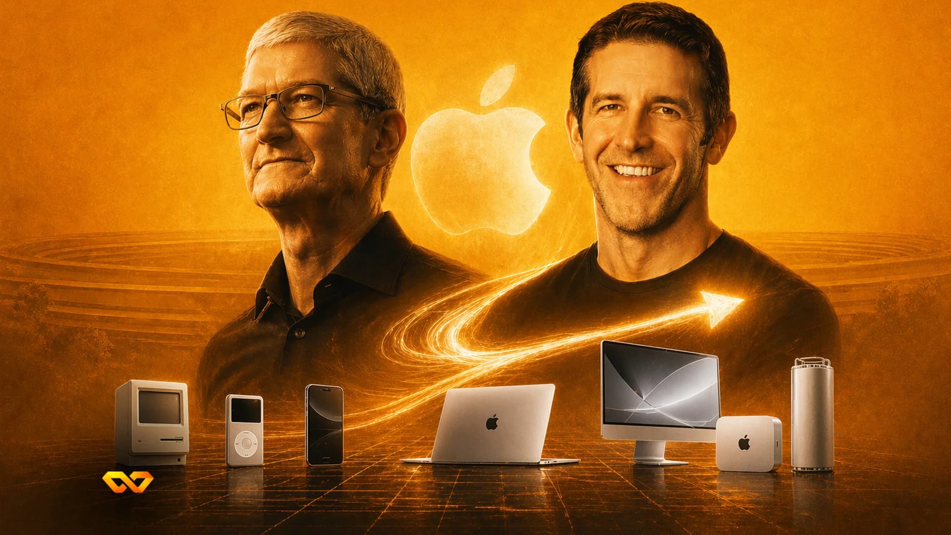 Tim Cook, Apple logo, M-series chip, gold coins, and electronic components on a golden background with an upward stock chart.