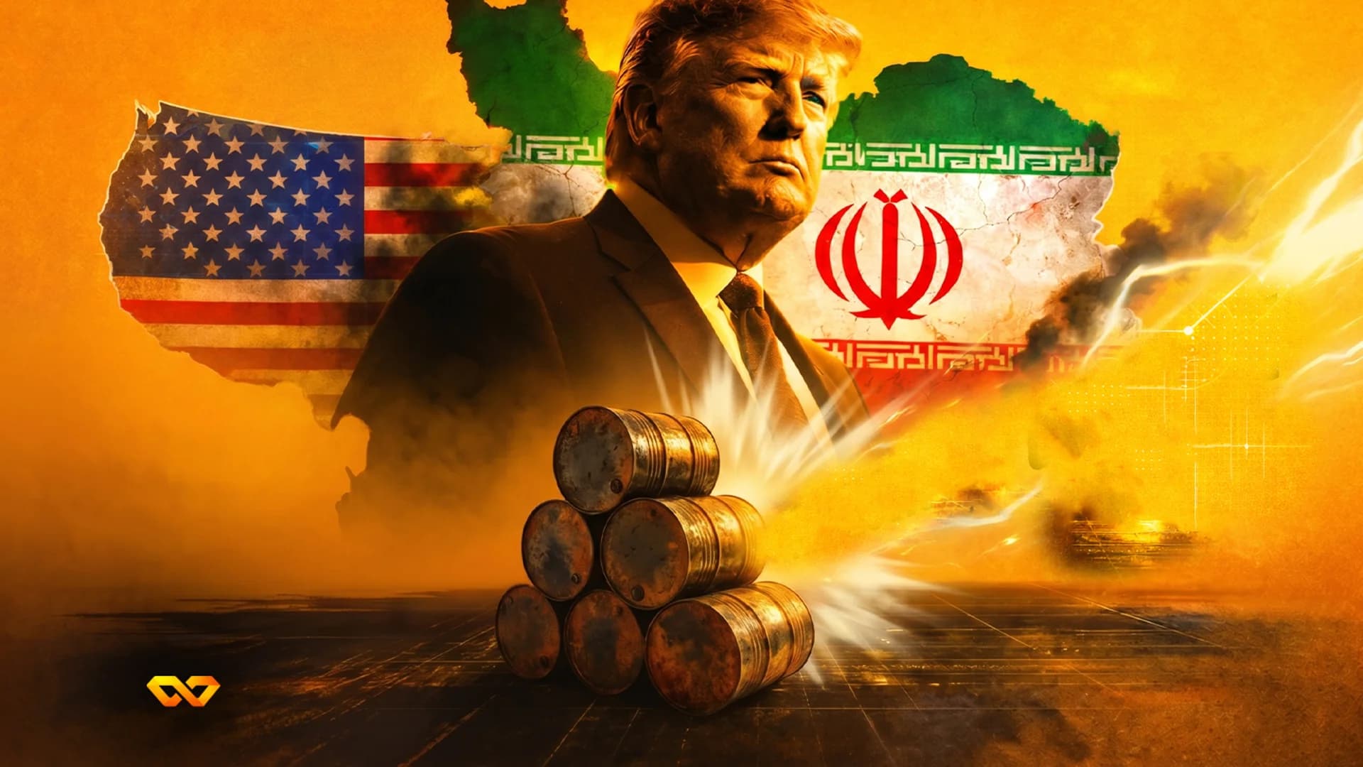 Donald Trump portrait with US and Iranian flags, a map of Iran, and stacked oil barrels on an orange background.