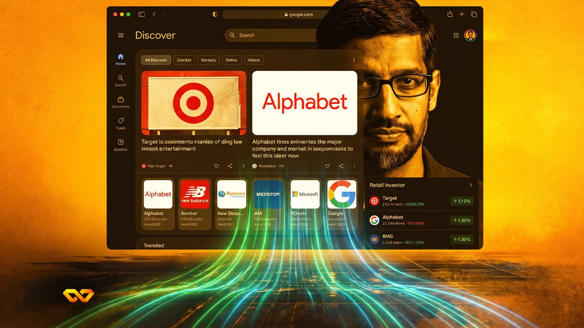 A web browser shows a Discover feed with news cards, company logos like Target and Alphabet, and stock data. Sundar Pichai's face is visible on the right. Green and blue light trails emanate from the 