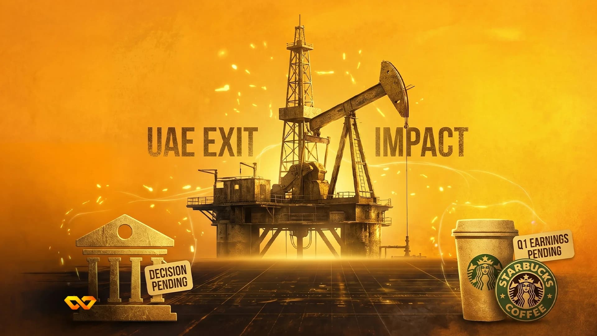 Oil rig silhouette with a bank icon, Starbucks cup, and text 'UAE EXIT IMPACT' on an orange background.