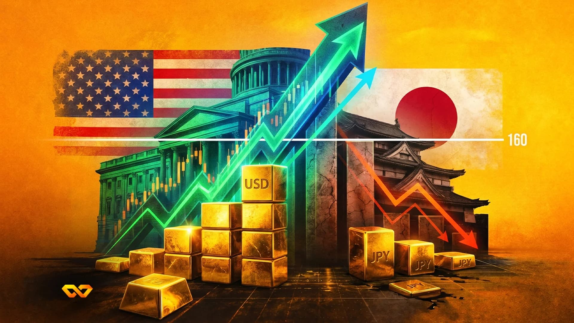 US and Japanese flags with a rising green arrow over USD blocks and a falling red arrow over JPY blocks.