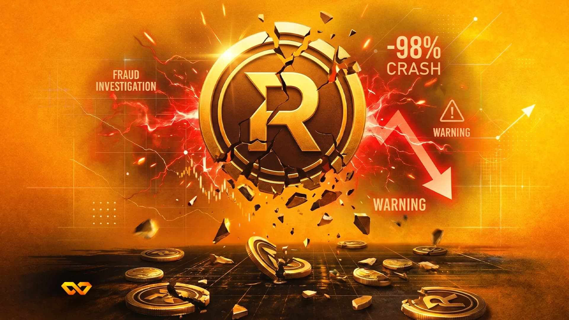 A shattered golden coin with an 'R' symbol, surrounded by red lightning and text "FRAUD INVESTIGATION", "-98% CRASH", and "WARNING". Broken coin pieces are scattered below.