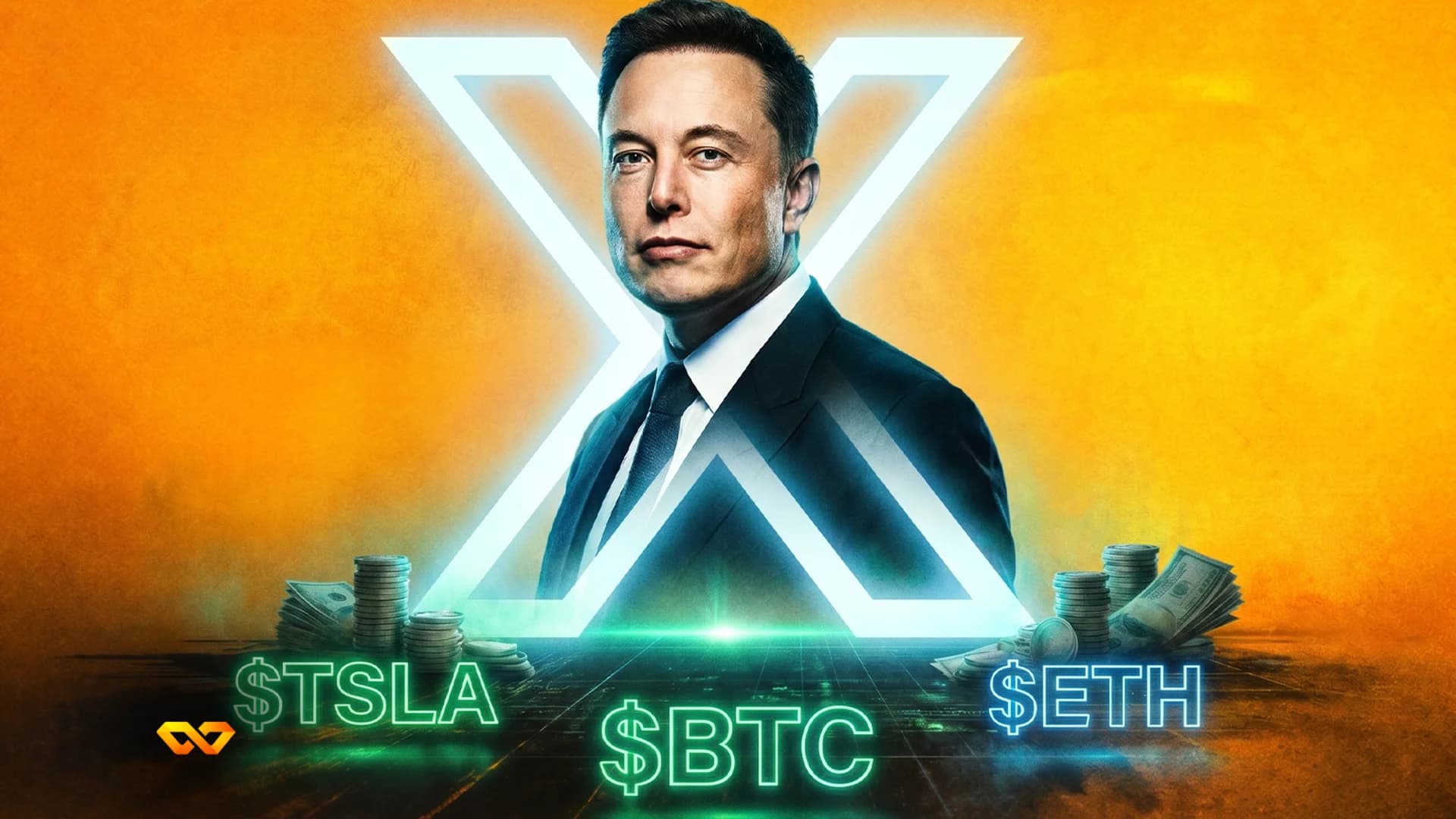 Elon Musk in a suit against an orange background with a glowing 'X' symbol. Below are stacks of money and glowing texts '$TSLA', '$BTC', and '$ETH'.