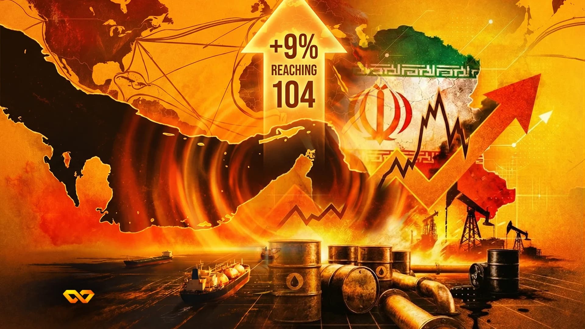 Graphic of oil barrels, tankers, and rigs with an upward arrow and the Iranian flag over a map.