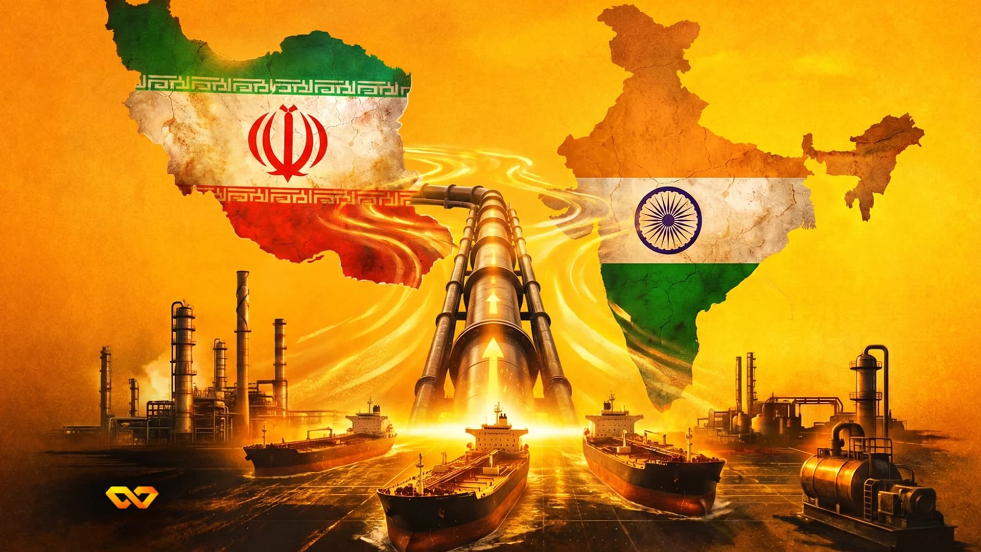 Maps of Iran and India with flags, connected by a pipeline and surrounded by oil tankers and refineries under a golden sky.