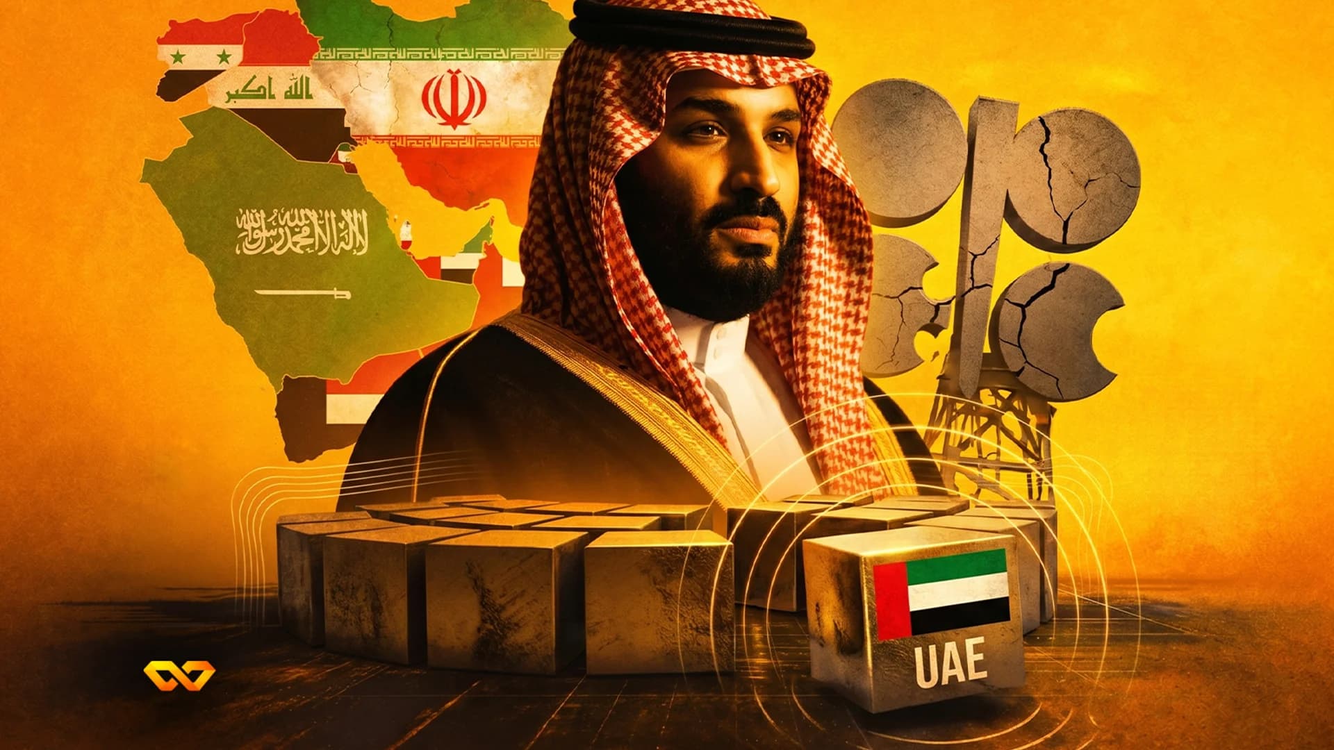 Portrait of Mohammed bin Salman with a Middle East map, cracked OPEC logo, and UAE flag on a metallic cube.