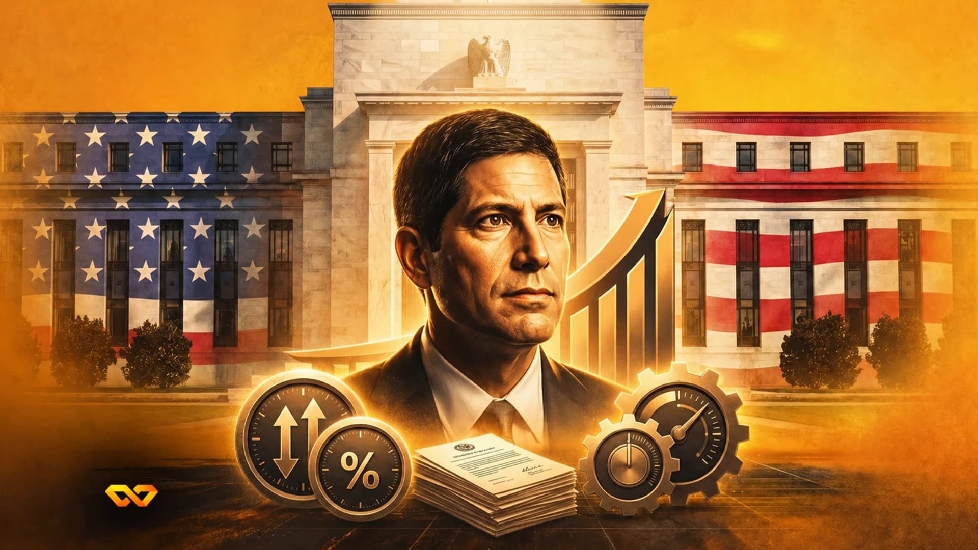 Digital illustration of Jerome Powell with the Federal Reserve building, US flags, and economic icons.