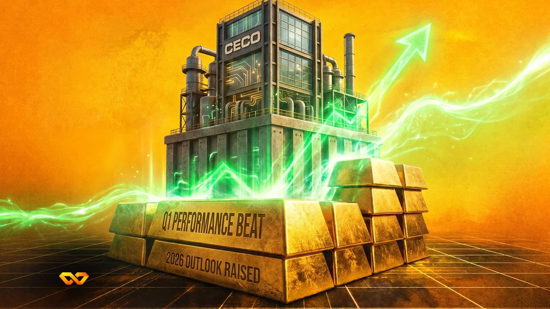 Industrial building labeled CECO on gold bars with earnings text and a green upward arrow on an orange background.
