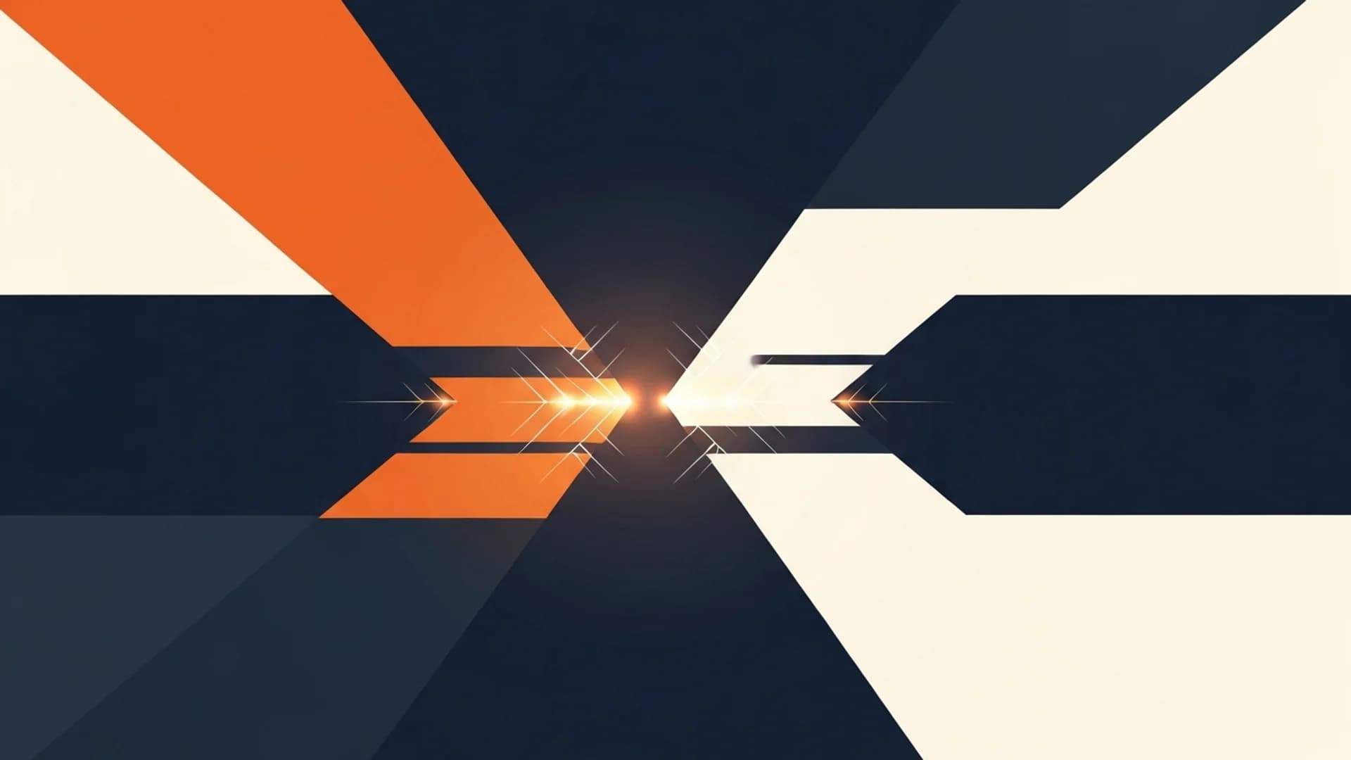 Abstract geometric shapes in orange, white, and dark blue meeting at a central point with a bright light flare.