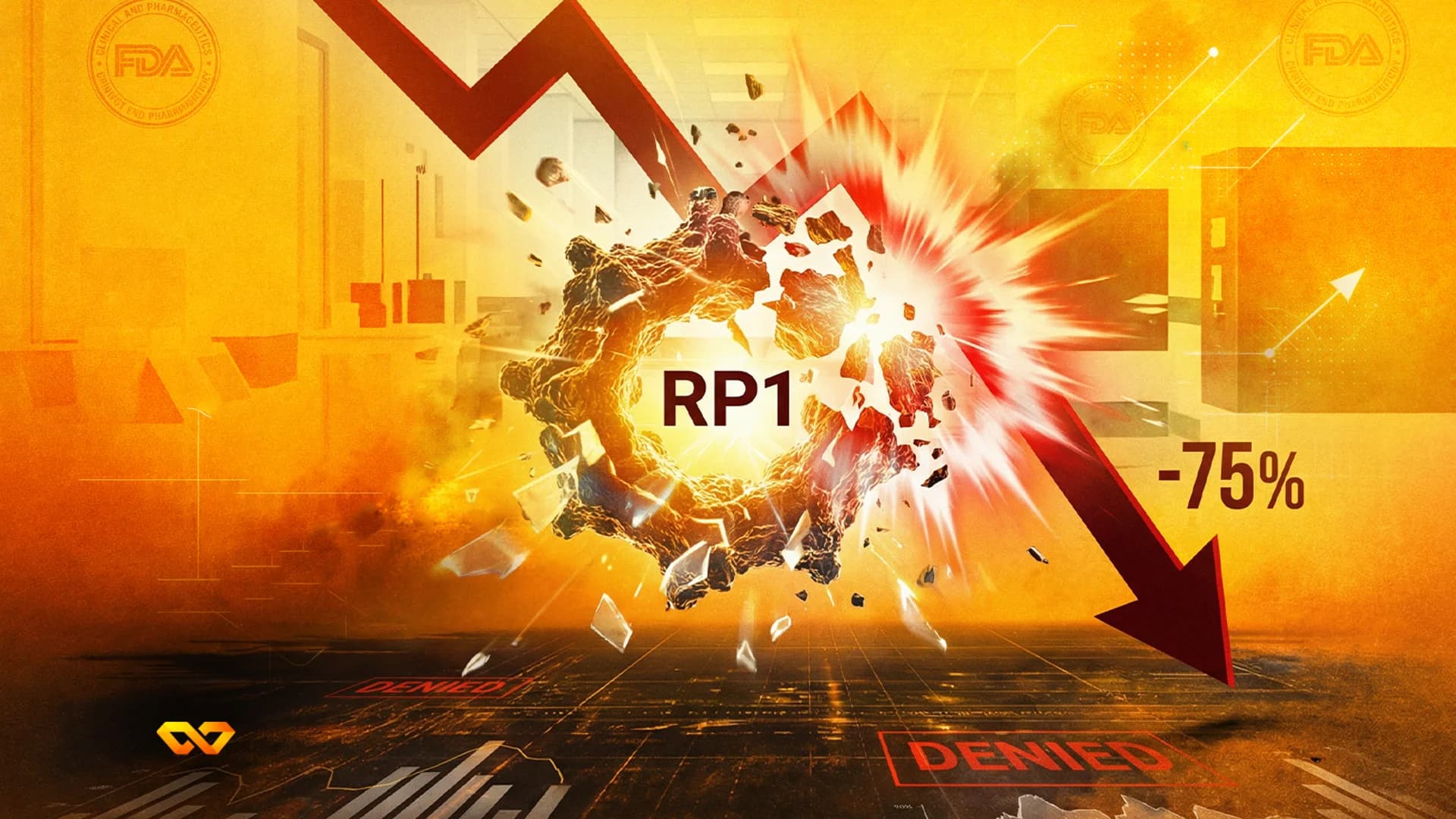 A red downward arrow points to a shattered, glowing object labeled 'RP1' amidst an explosion, with '-75%' and 'DENIED' visible.