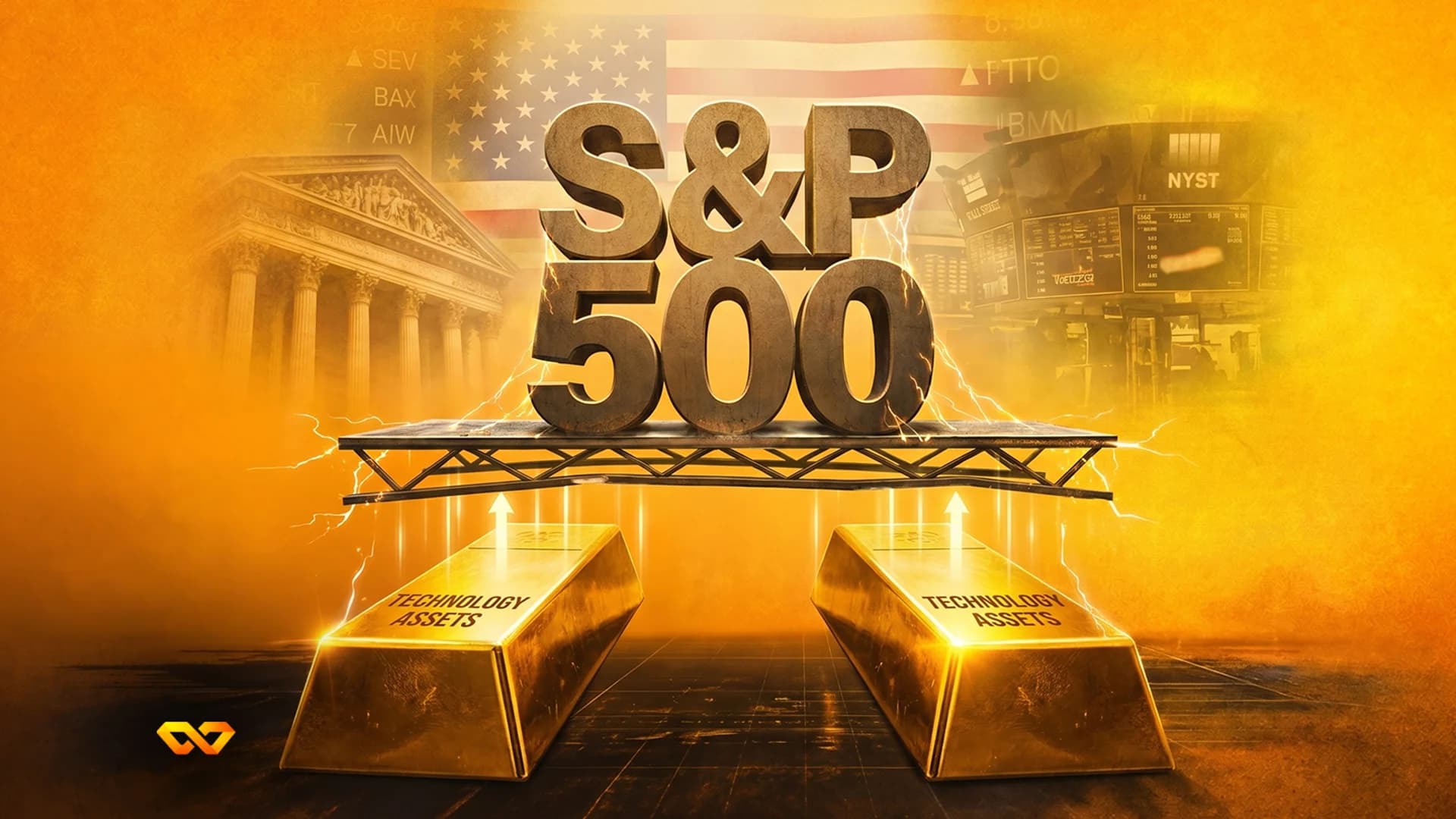 نص S&P 500 ثلاثي الأبعاد على منصة مدعومة بسبائك ذهبية مكتوب عليها أصول تكنولوجية مع العلم الأمريكي في الخلفية.