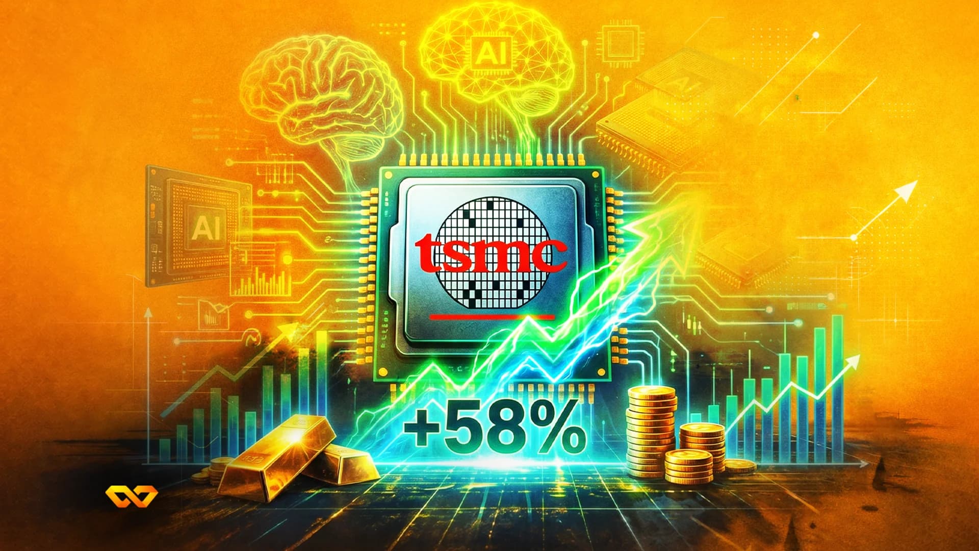 A computer chip with 'tsmc' and a wafer pattern, surrounded by glowing circuits, AI brains, gold bars, coins, and a '+58%' increase.