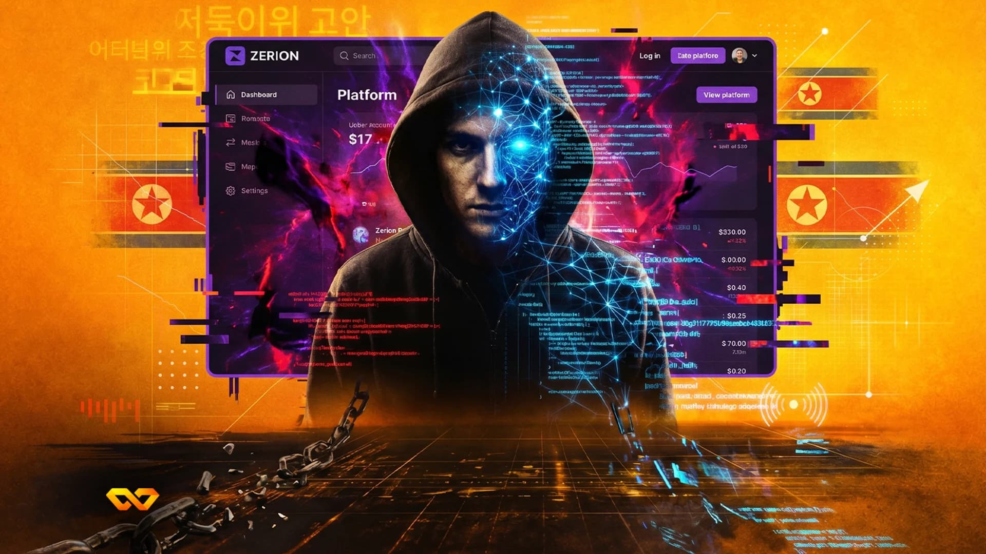 A hooded figure with a glowing digital network on their face stands before a purple digital dashboard with charts and code. North Korean flags and Korean text are in the orange background. Broken chai