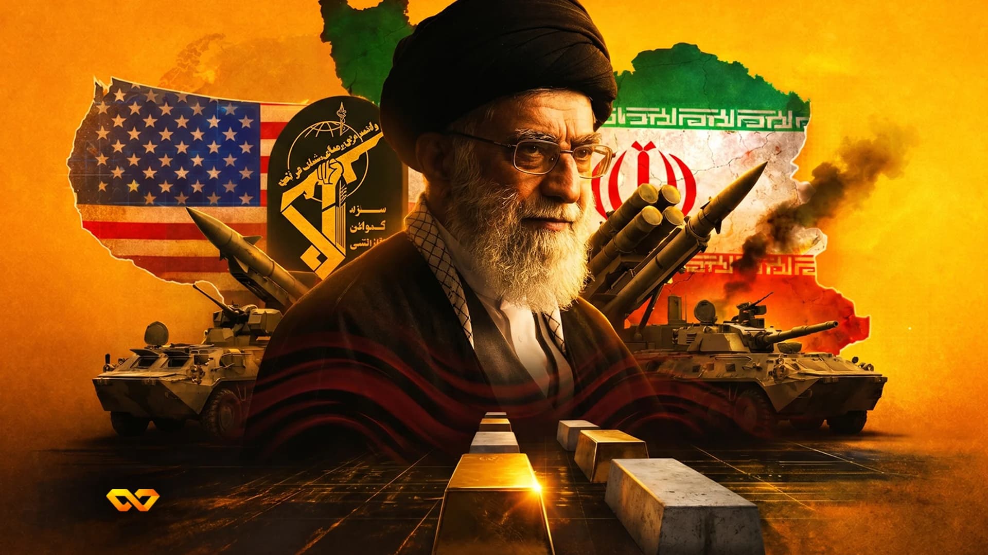 Portrait of Ali Khamenei with Iranian and US flags, military vehicles, missiles, and gold bars on an orange background.