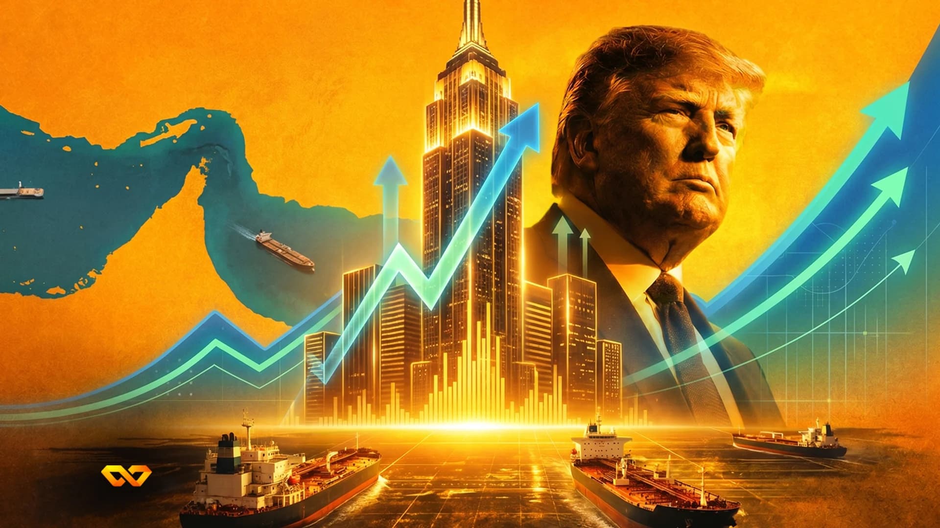 Donald Trump, a skyscraper, and cargo ships with upward-trending graphs against an orange and blue background.