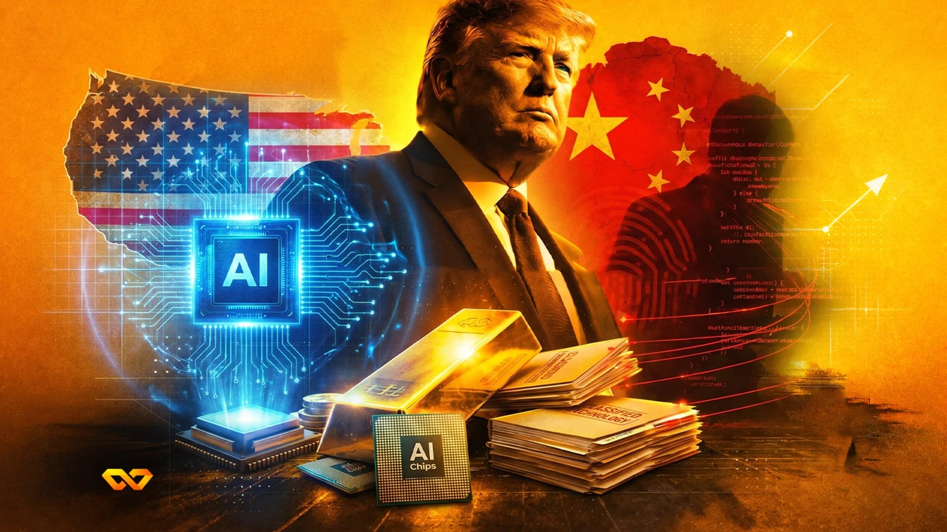 Portrait of Donald Trump between US and Chinese flags with gold bars, AI chips, and classified documents.