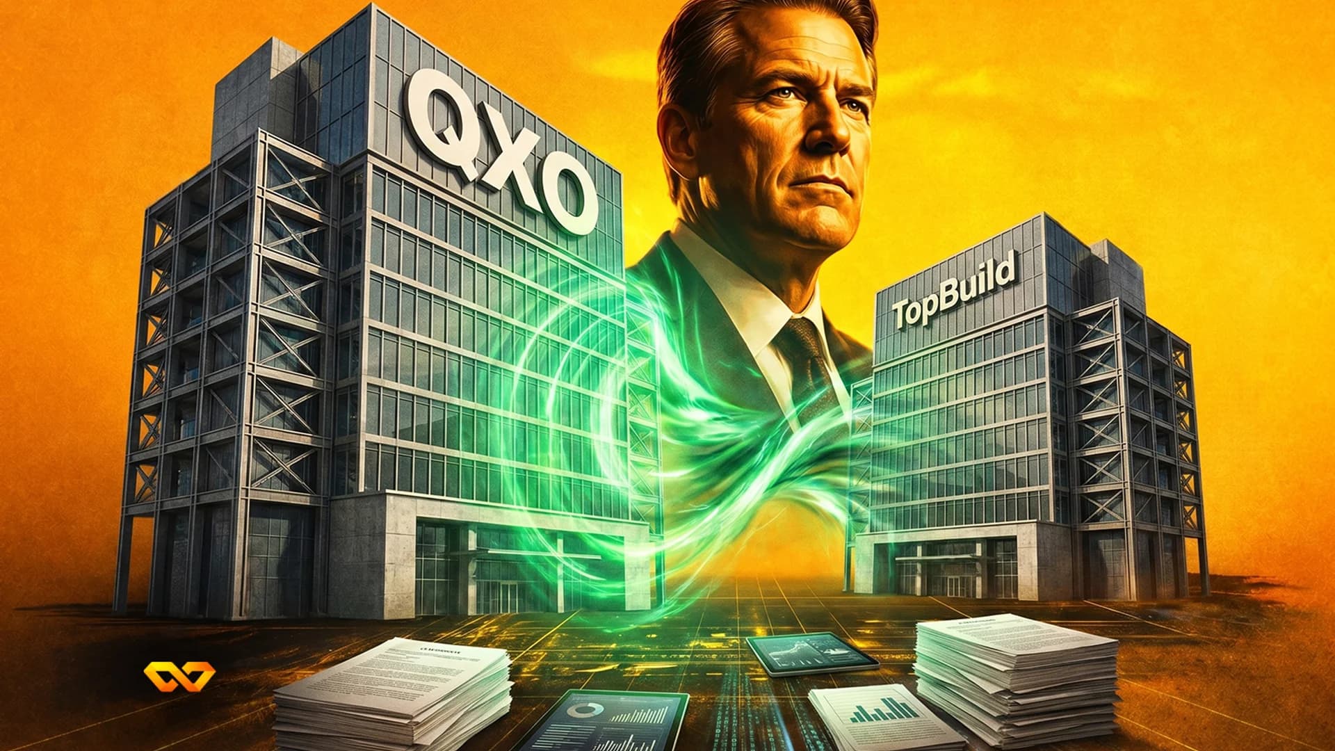 QXO company logo on the glass facade of a modern office building