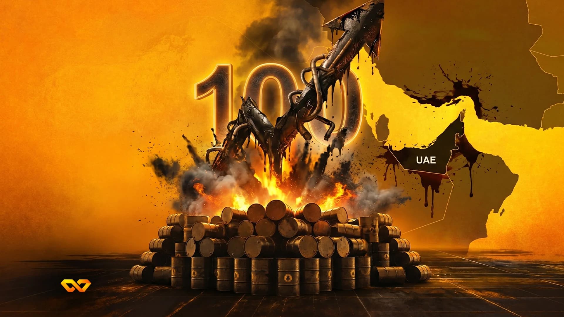 براميل نفط مكدسة تشتعل فيها النيران تحت الرقم 100 وسهم صاعد، على خلفية خريطة دولة الإمارات.