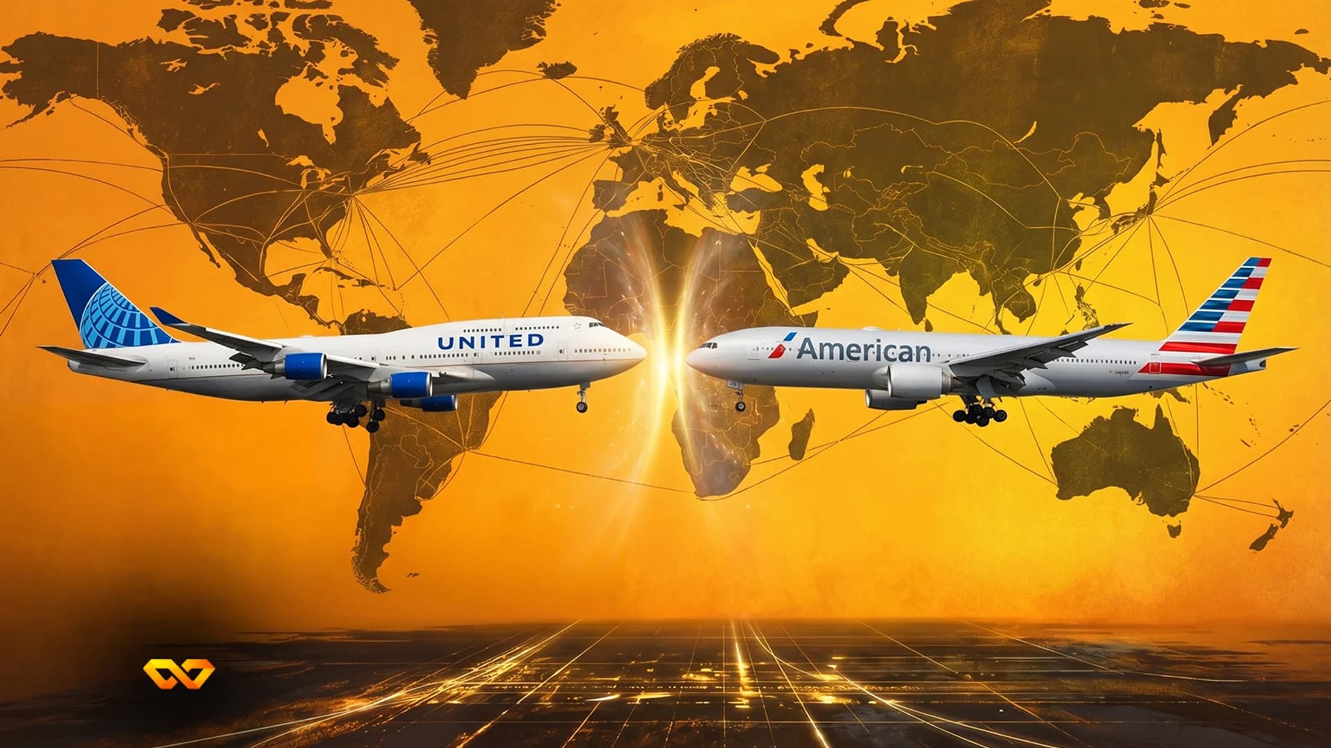 Two commercial airplanes, United and American Airlines, face each other over a golden world map with flight paths. A glowing light is between them.
