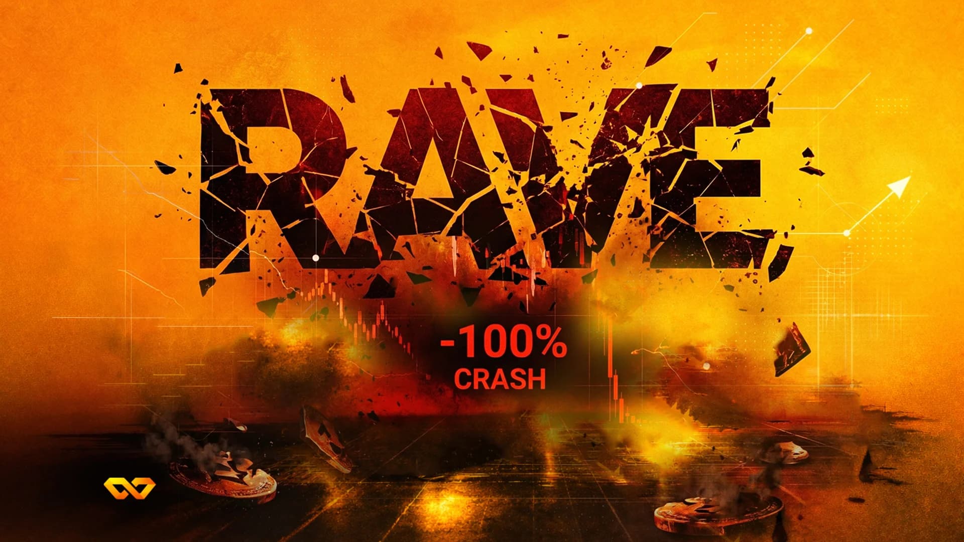 Shattered 'RAVE' text with '-100% CRASH' below, against an orange background with a red downward stock chart and broken coins.