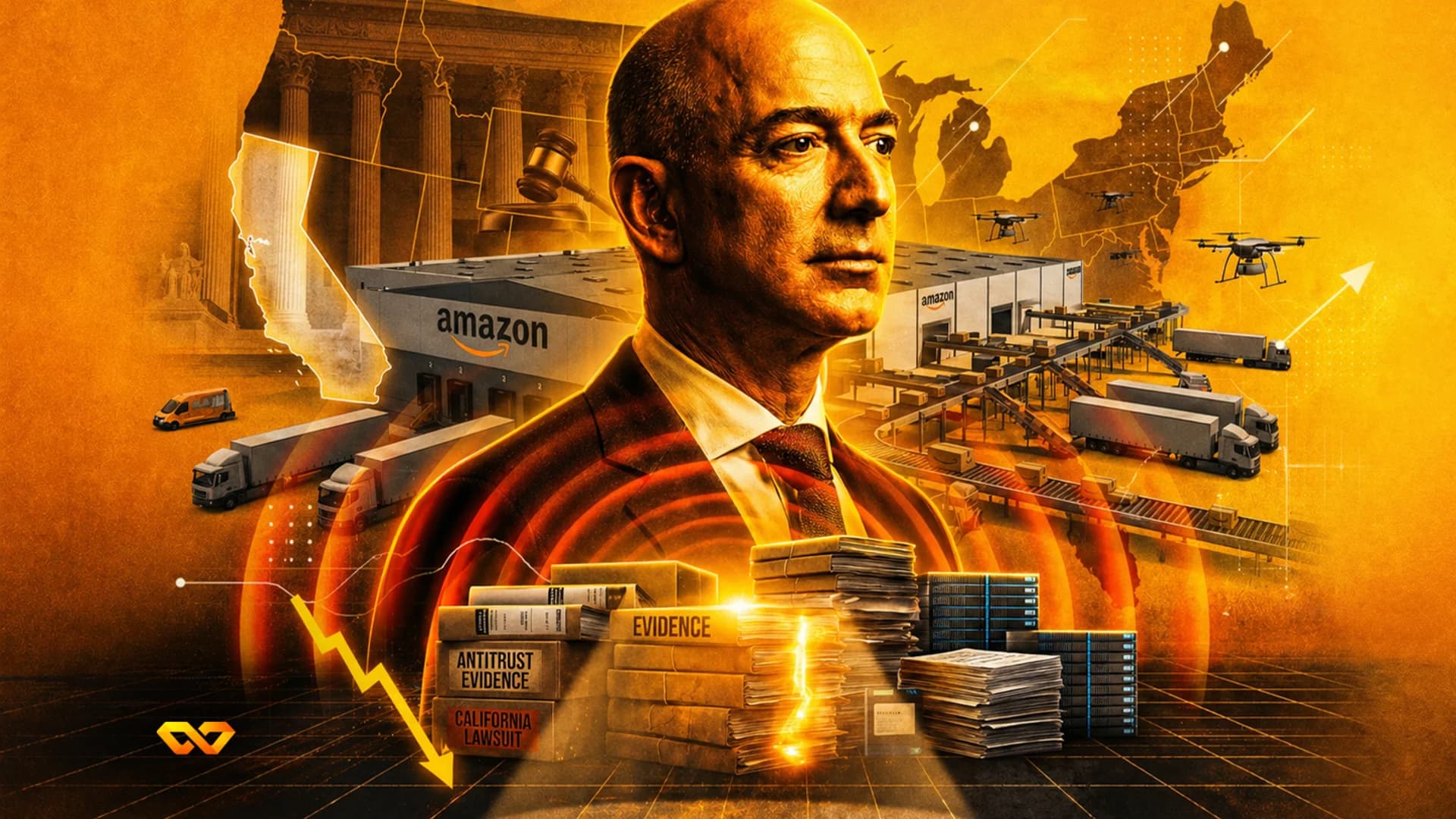 Illustration of Jeff Bezos with Amazon warehouses, delivery vehicles, and legal documents on an orange background.