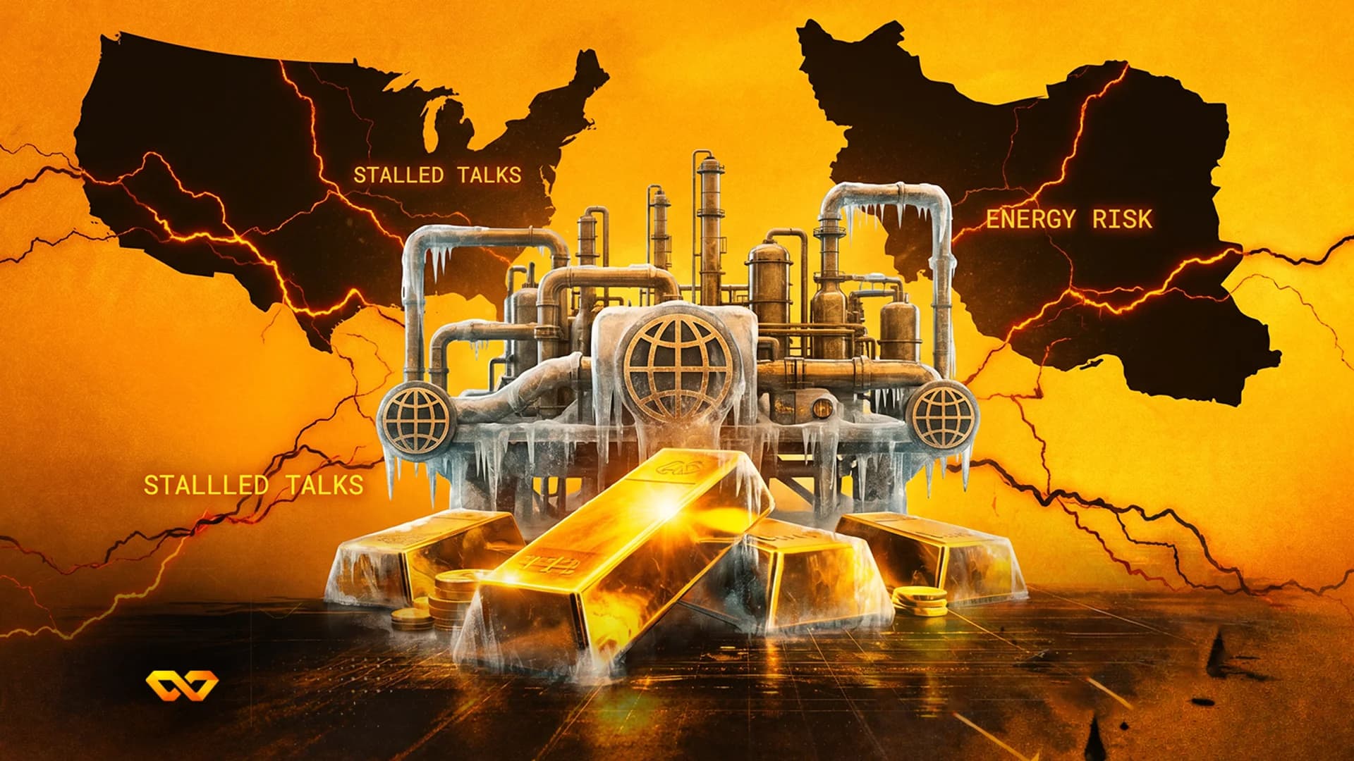 USA and Iran silhouettes over a frozen industrial refinery with gold bars in the foreground on an orange background.