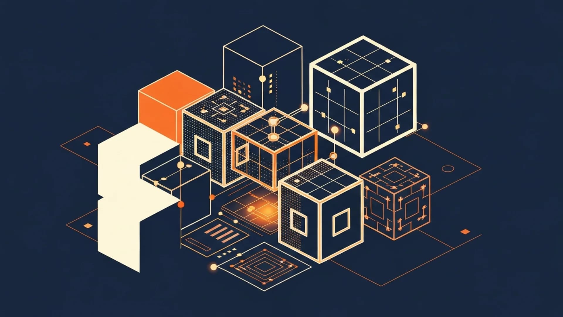 Isometric 3D cubes in orange, white, and blue with technical line art and glowing nodes on a dark background.