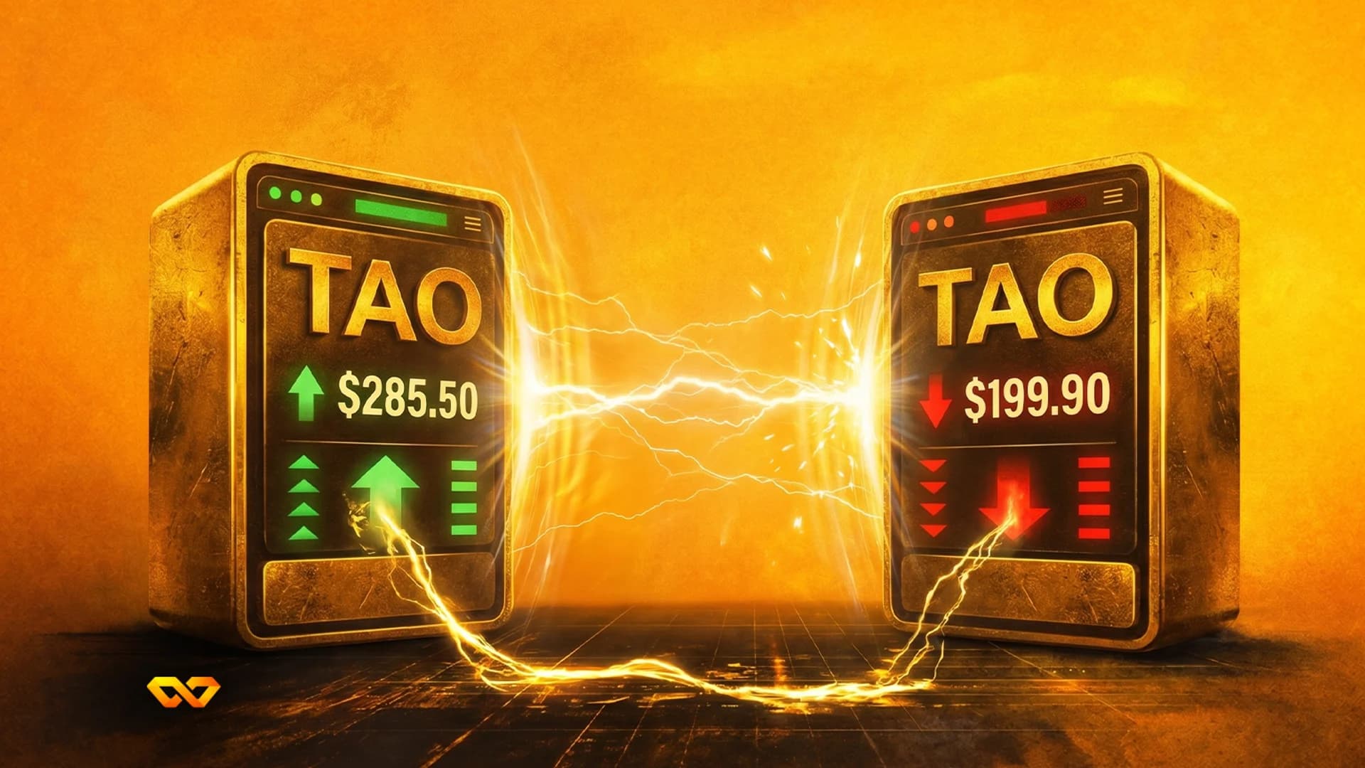 Two golden screens display "TAO" with prices and arrows. The left shows $285.50 up, the right shows $199.90 down. Electrical sparks connect them.