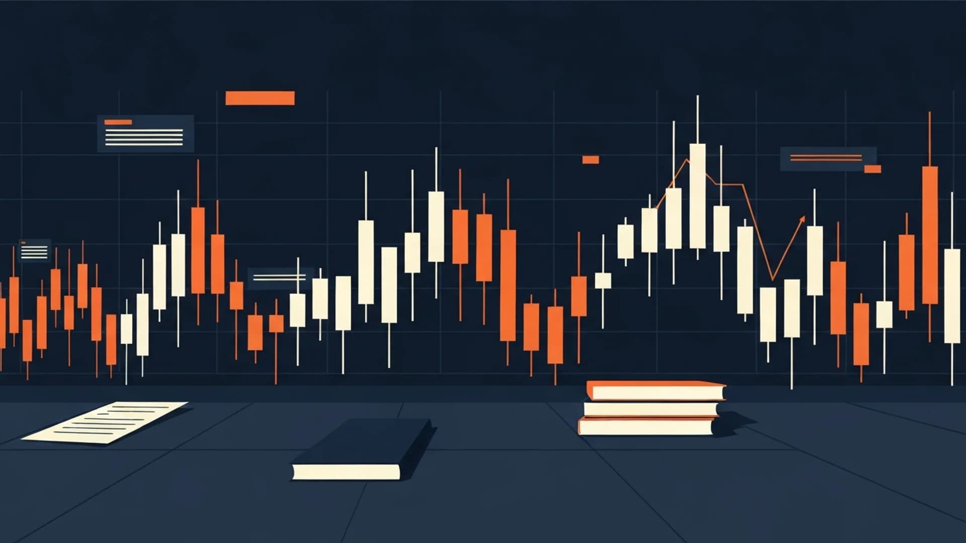 Stylized candlestick chart with orange and white bars over a dark background with books in the foreground.