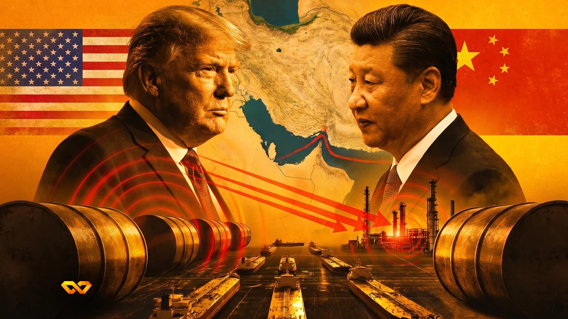 Donald Trump and Xi Jinping face each other over a map of the Middle East with oil tankers and barrels.