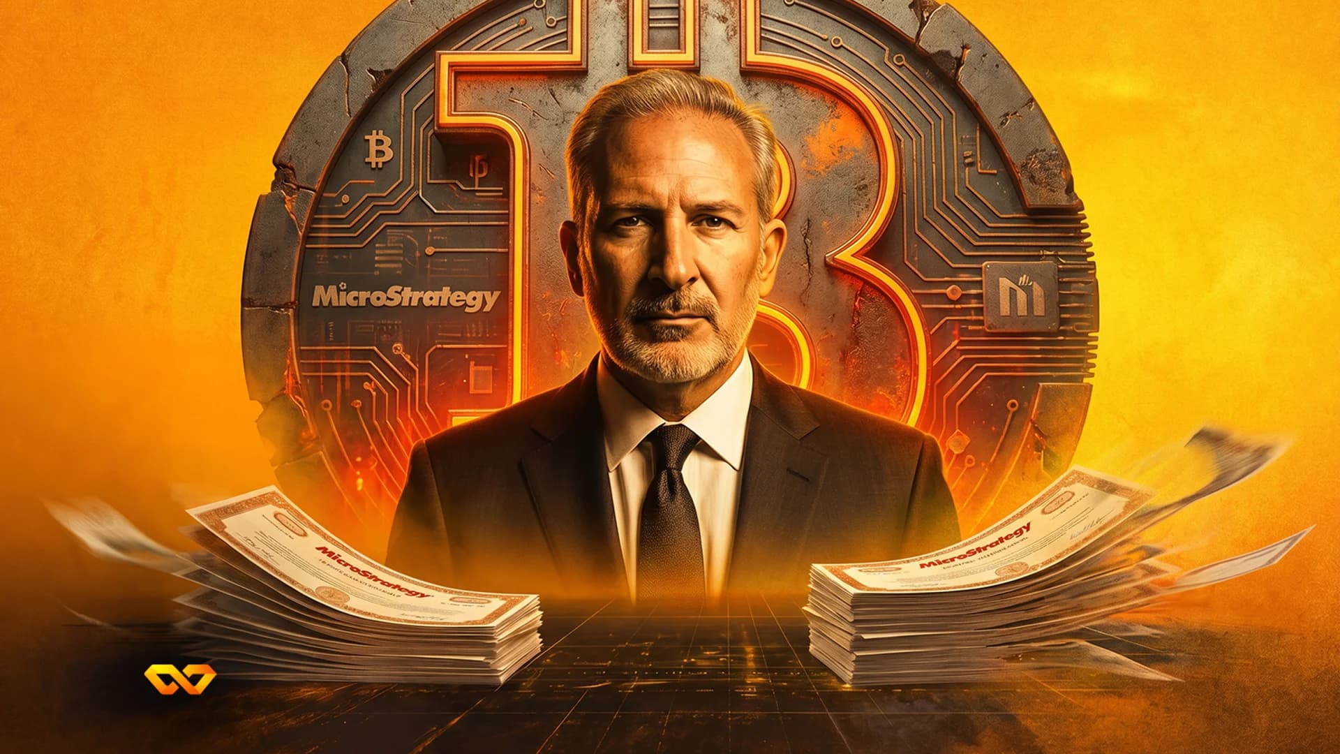 A man in a suit in front of a glowing Bitcoin 'B' with circuit patterns. Stacks of MicroStrategy certificates are in the foreground.