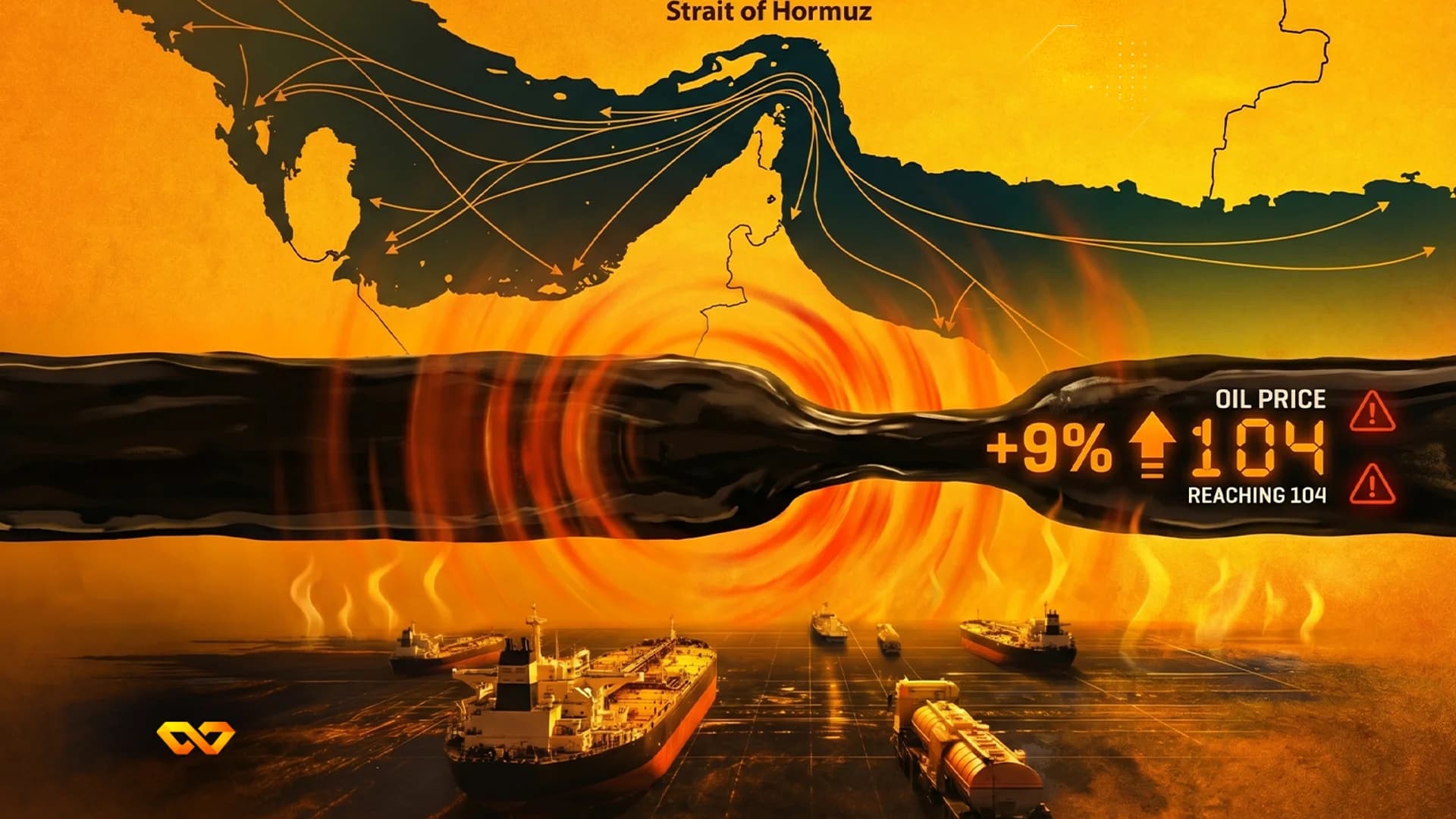 Illustration of the Strait of Hormuz map with oil flowing below, showing 'OIL PRICE +9% 104' and warning signs. Oil tankers are in the water.