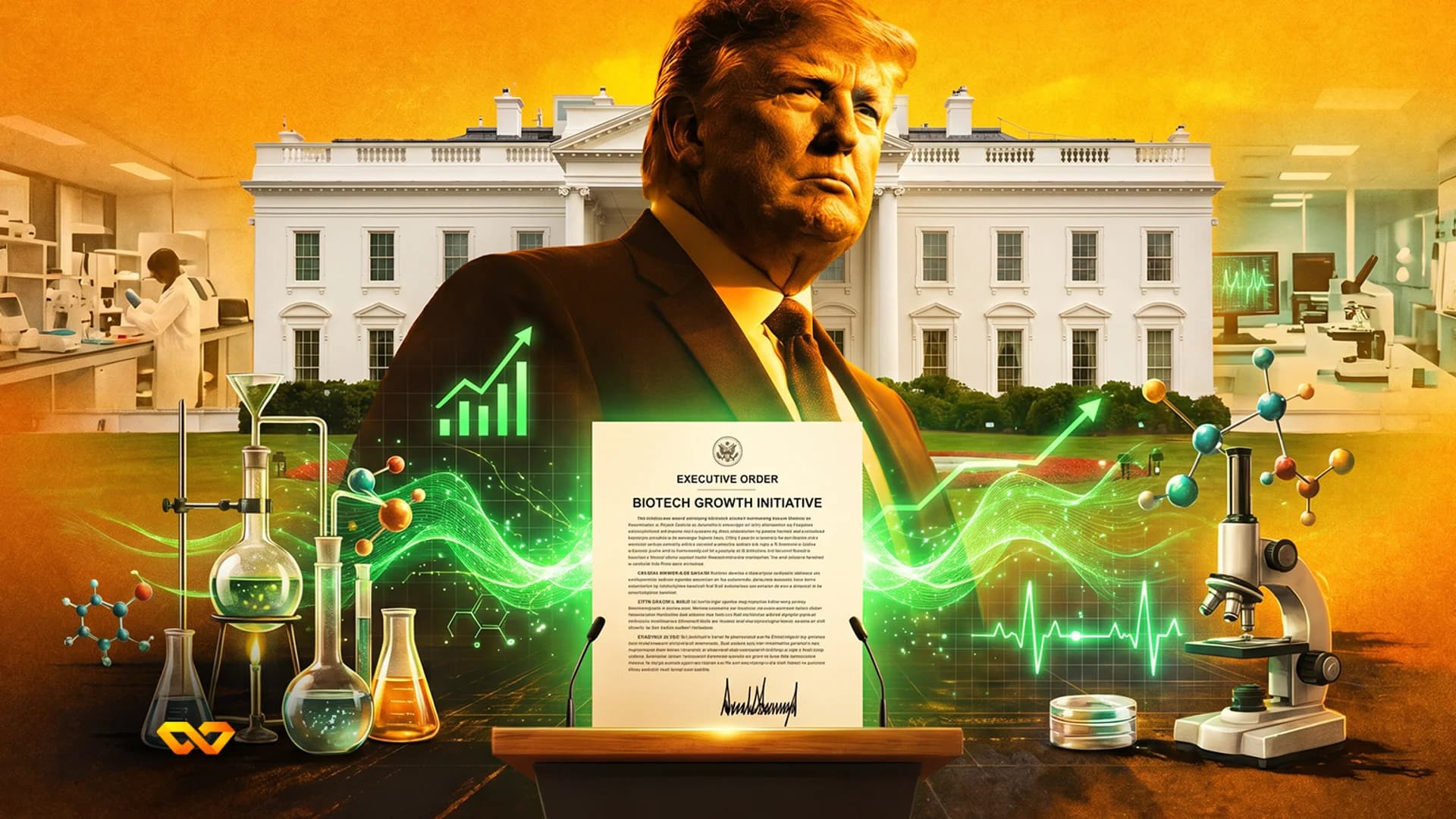 Donald Trump in a suit stands before the White House. Lab equipment, molecular models, and a signed "BIOTECH GROWTH INITIATIVE" executive order are in the foreground. Green glowing lines, a growth cha
