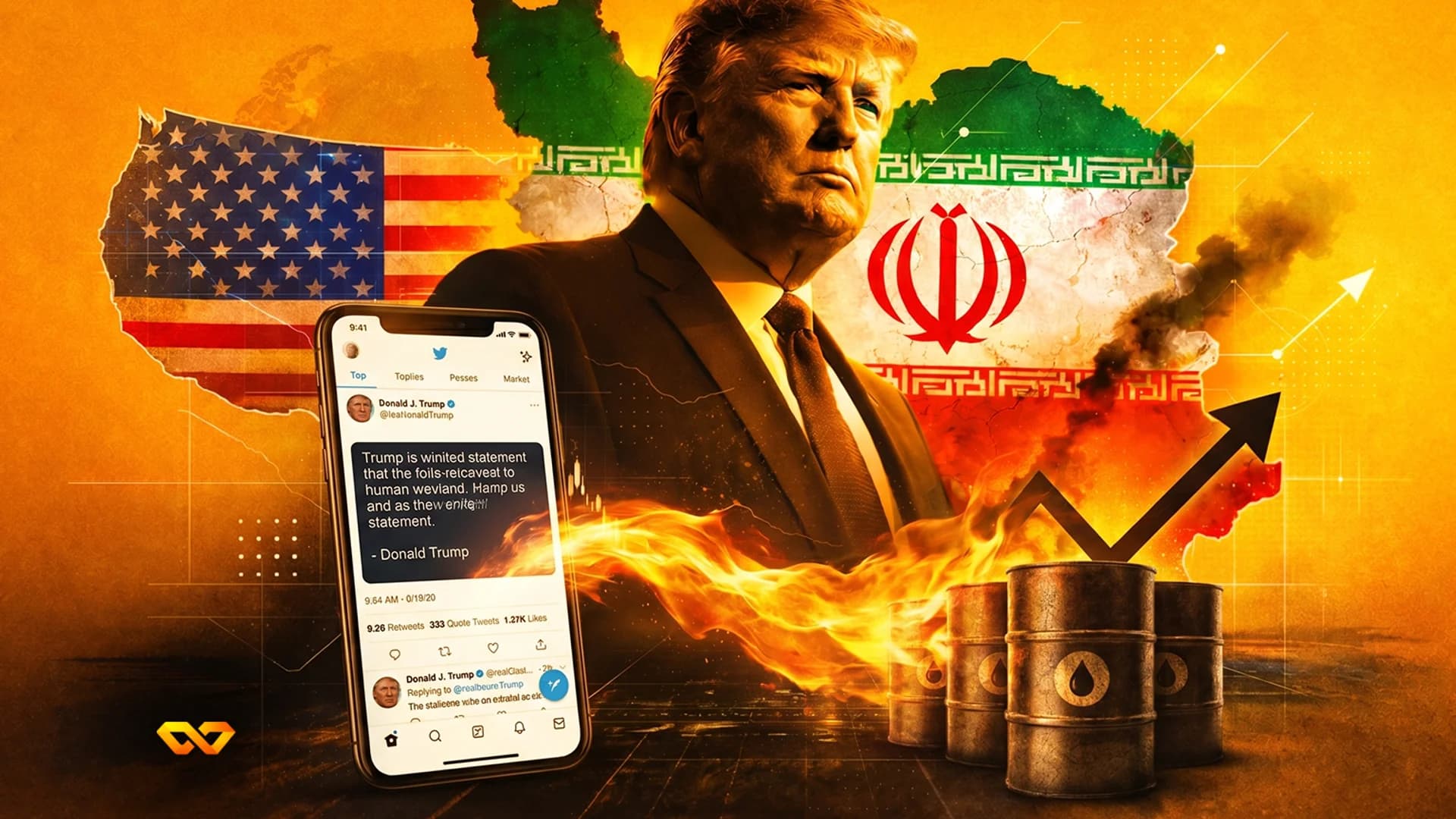 Portrait of Donald Trump over maps of the US and Iran, with oil barrels, fire, and a rising arrow.