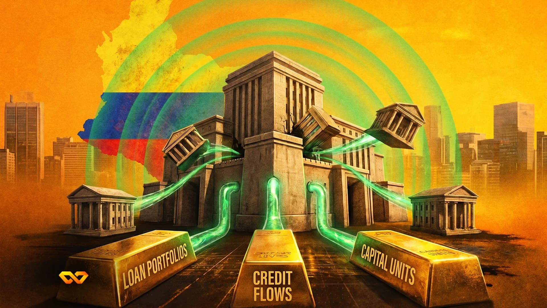 Central stone building connected by glowing green pipes to gold bars labeled with financial terms against a Colombian flag.