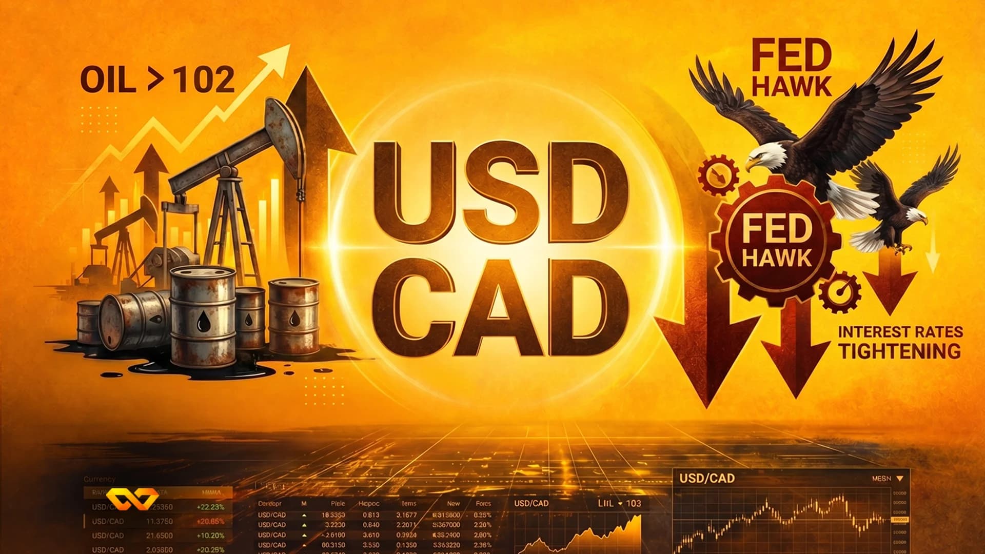 Golden-orange image with oil derricks, barrels, 'OIL > 102', and upward arrows. 'USD CAD' is central. Two eagles, 'FED HAWK', and 'INTEREST RATES TIGHTENING' with downward arrows are on the right. Fin