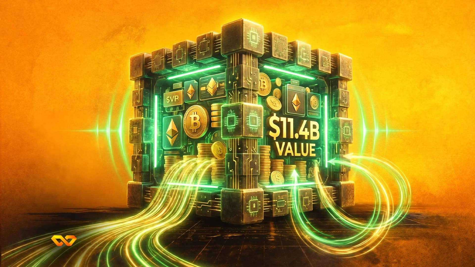 A glowing green and gold cube structure with Bitcoin and Ethereum symbols, gold coins, and "$11.4B VALUE" text. Green light trails flow on an orange background.