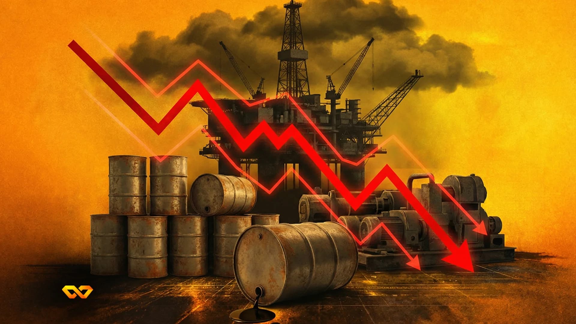 An oil rig under dark clouds, with rusty barrels and industrial machinery, overlaid by a red downward trend line. One barrel leaks oil.