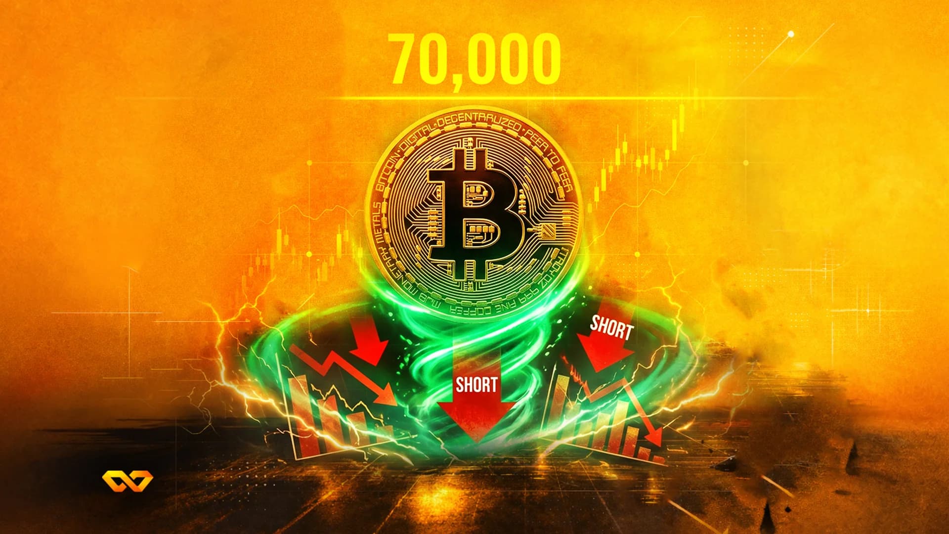 A golden Bitcoin coin surrounded by green energy, with red downward arrows, bar charts, and the word "SHORT". The number "70,000" is above.
