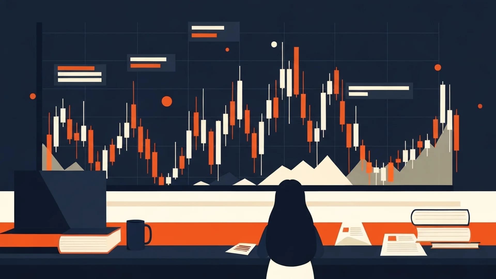 Illustration of a person's silhouette looking at a large orange and white candlestick chart on a dark screen.