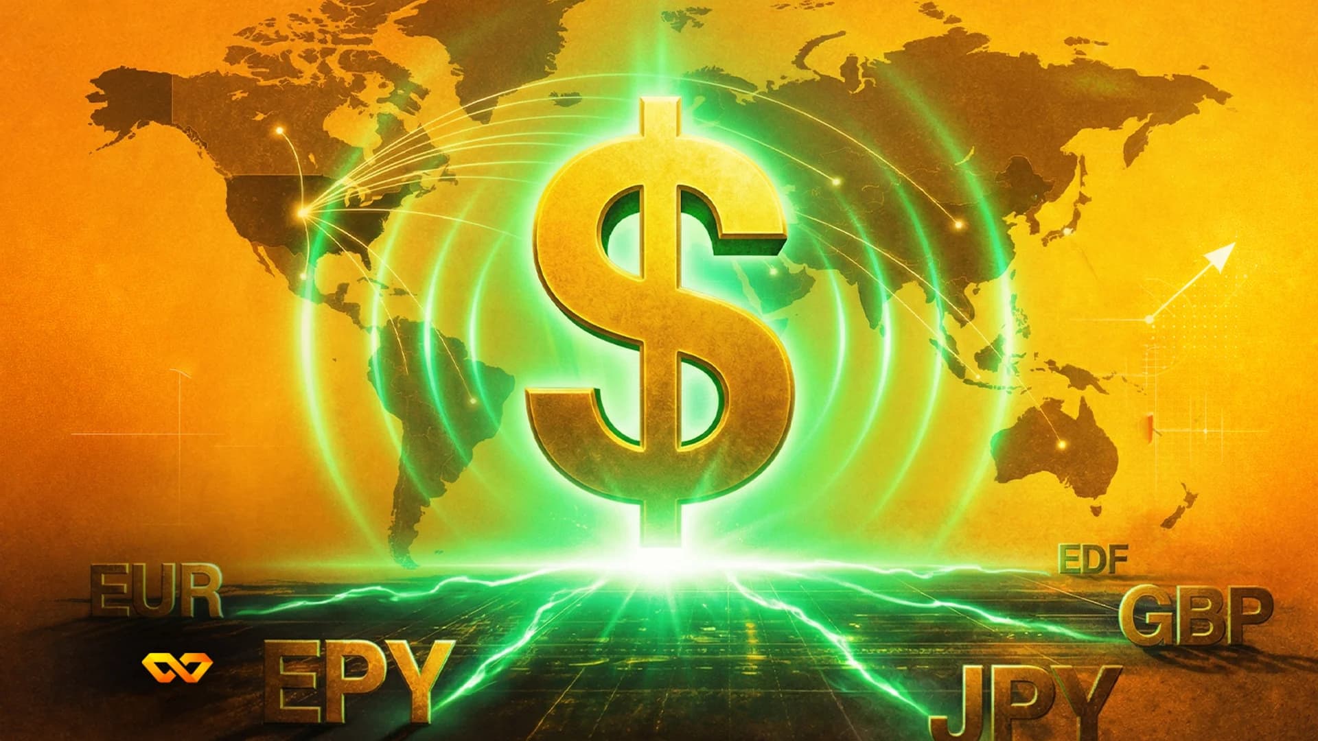 A golden dollar sign glows green at the center of a world map, with green lines connecting continents. Currency codes EUR, EPY, JPY, EDF, and GBP are visible at the bottom. An upward arrow is in the t