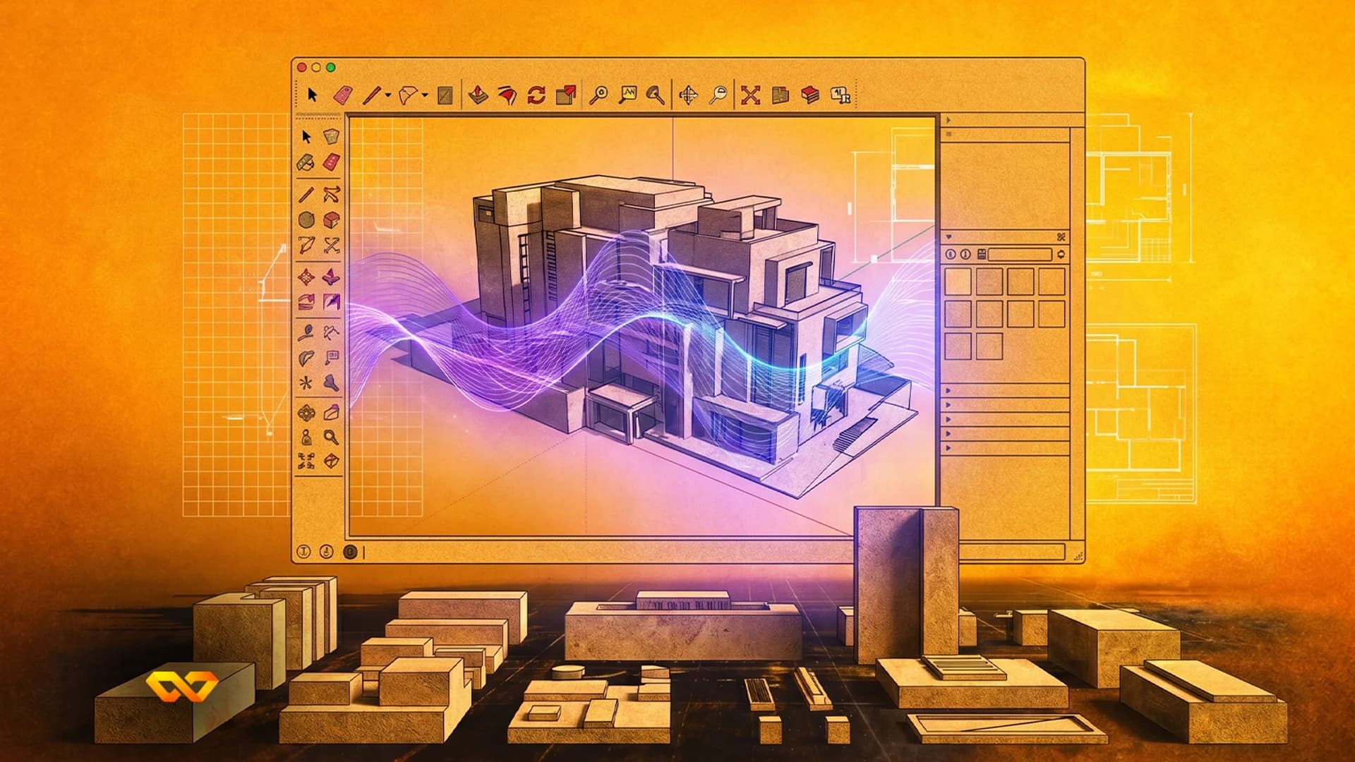 A digital 3D architectural model of a building on a screen with physical block models in the foreground.