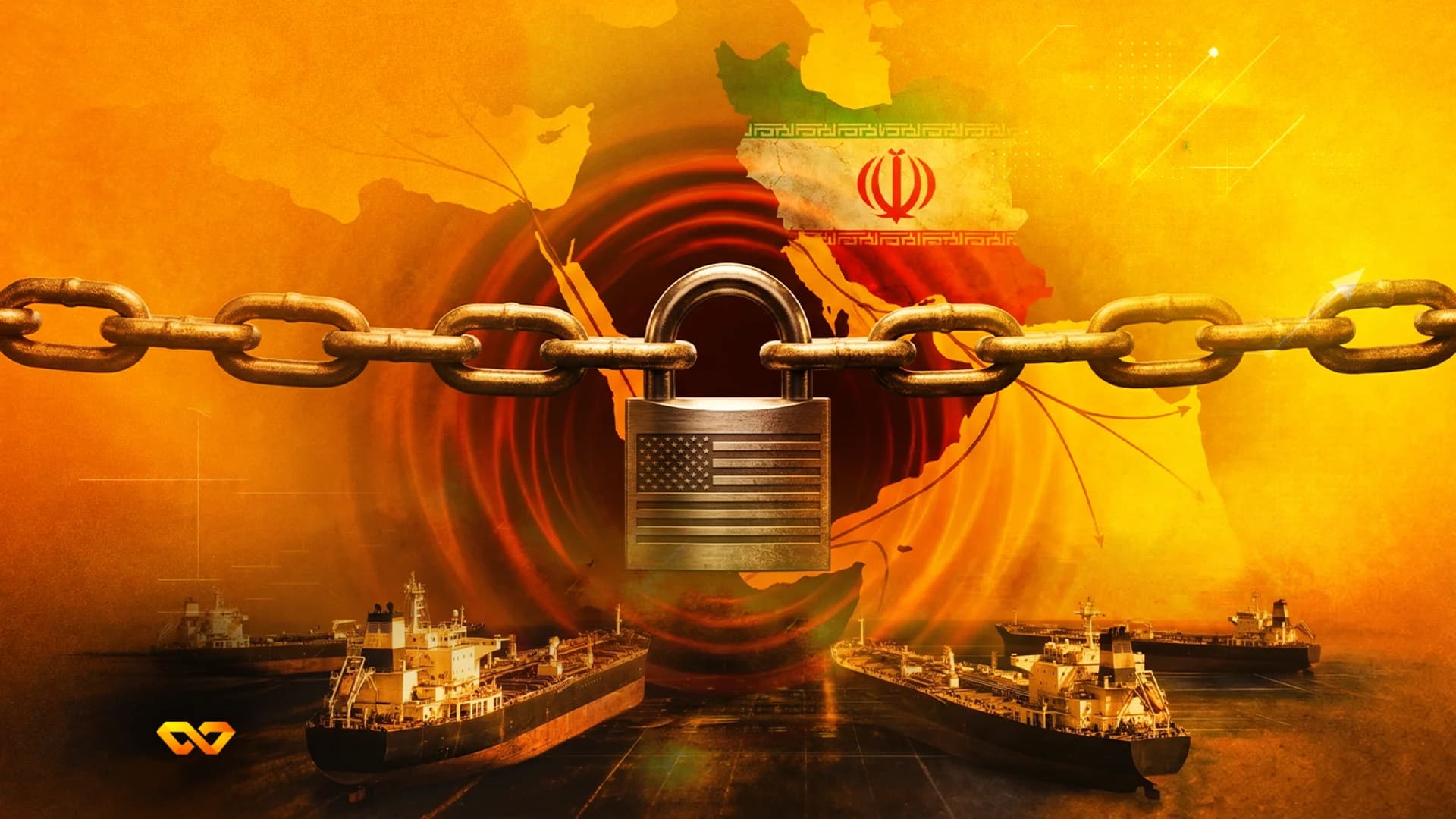 A metal chain with a US flag padlock blocks oil tankers on water, with a map of Iran and its flag in the background.