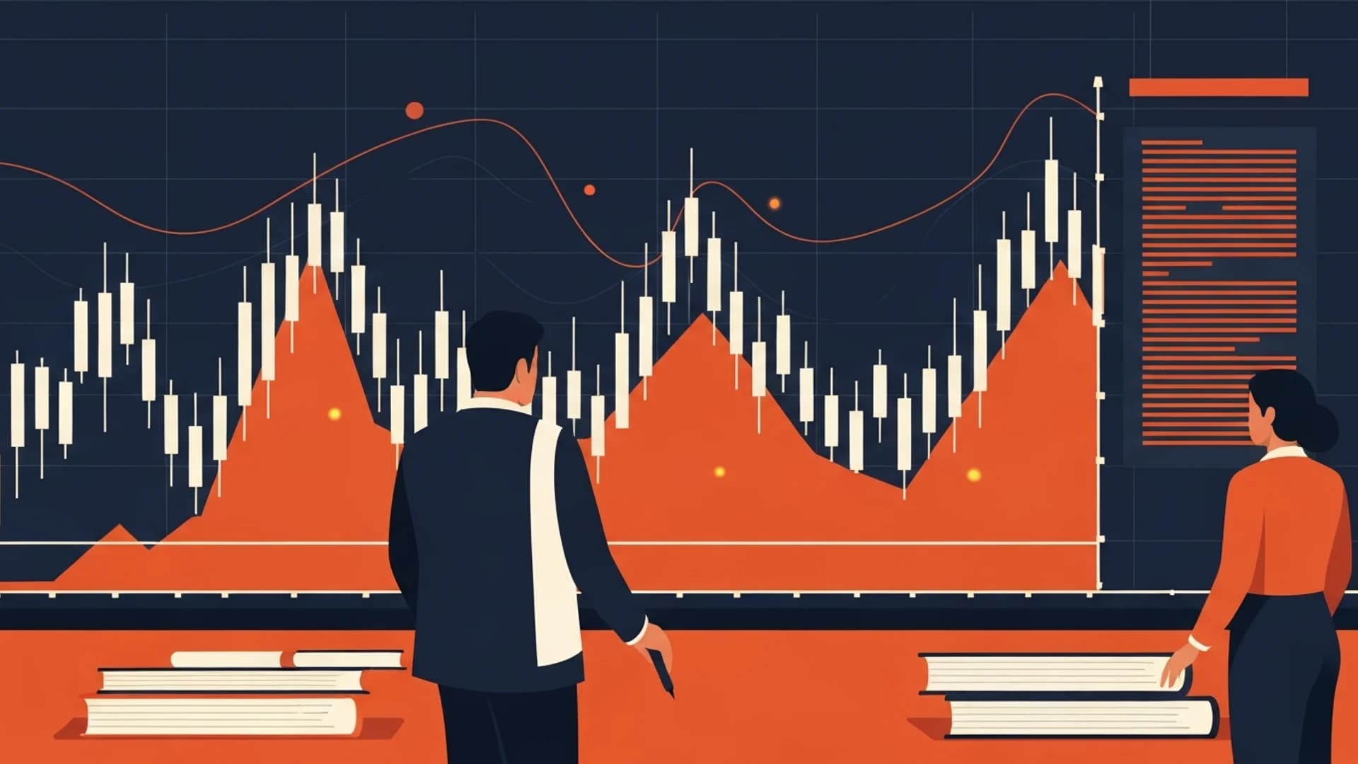 Stylized illustration of two people looking at a large orange and white candlestick chart on a dark blue background.