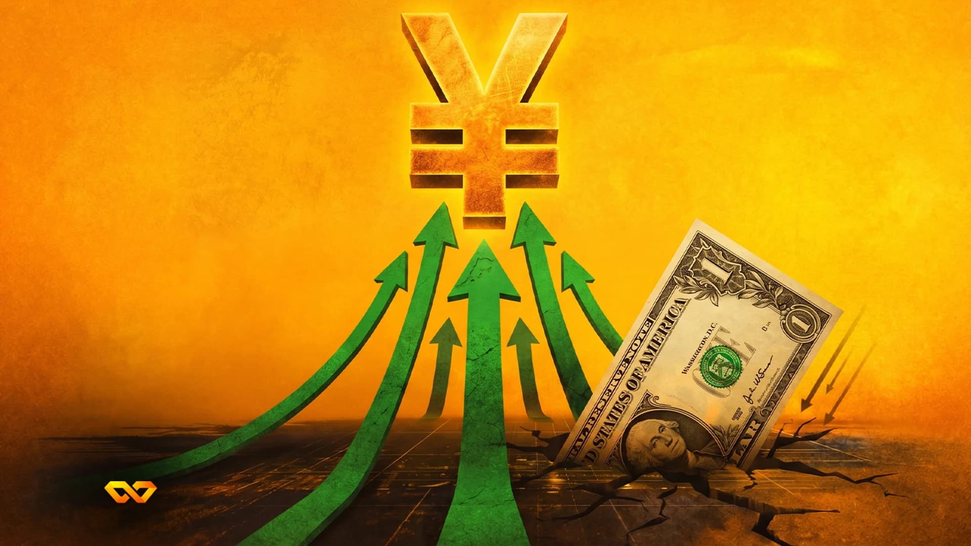 Golden Yen/Yuan symbol with green arrows pointing up, and a US dollar bill sinking into cracked ground with downward arrows.